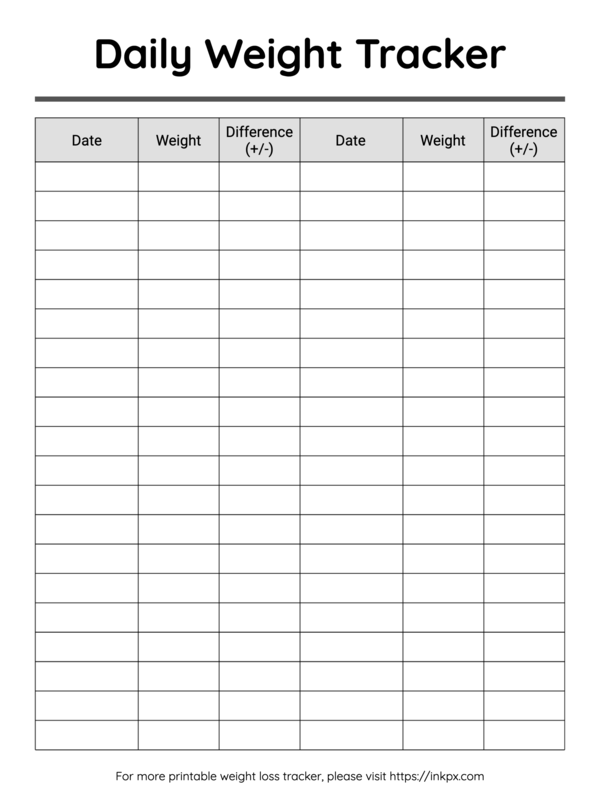 Free Printable Black and White Minimalist Daily Weight Loss Tracker