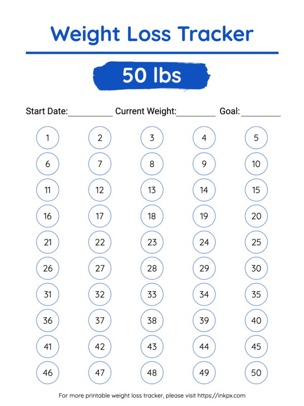 Free Printable Colorful 50 Lbs Visual Weight Loss Tracker