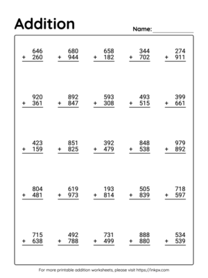 Free Printable 3 Digit Addition Worksheet with Regrouping #4