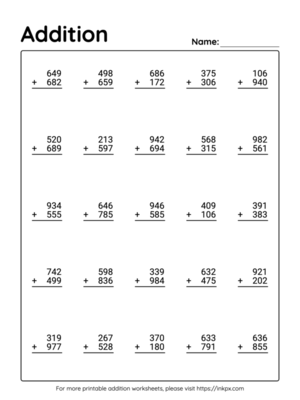 Free Printable 3 Digit Addition Worksheet with Regrouping #5