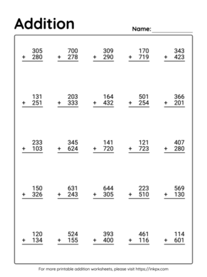 Free Printable 3 Digit Addition Worksheet without Regrouping #5