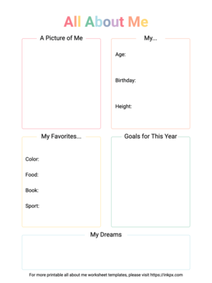 Free Printable Tab Style Colorful All About Me Worksheet Template