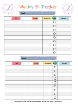 Free Printable Rainbow Color Weekly Bill Tracker Template