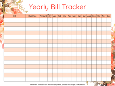 Free Printable Floral Yearly Bill Tracker Template