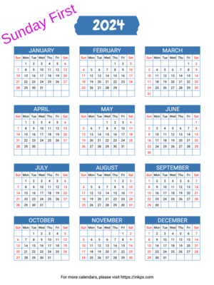 Printable Grid 2024 Calendar (Sunday First)