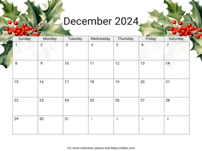 Printable Holly December 2024 Calendar (Sunday First)