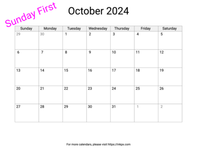 Printable Blank October 2024 Calendar (Sunday First)