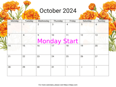 Printable Marigold October 2024 Calendar (Monday First)