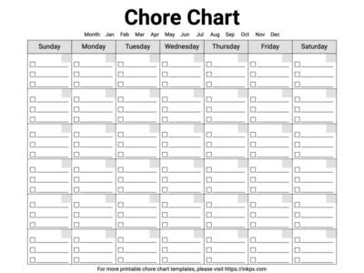 Free Printable Sunday Start Black and White Monthly Chore Chart