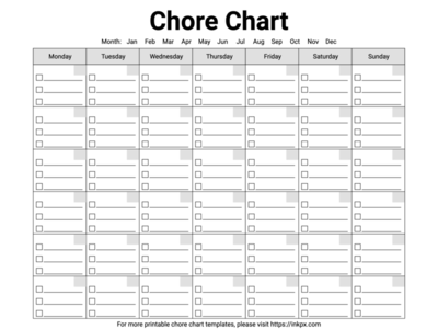Free Printable Monday Start Black and White Monthly Chore Chart