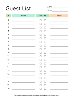 Free Printable Minimalist Colorful Guest List Template