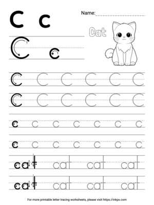 Free Printable Simple Letter C Tracing Worksheet with Word Cat