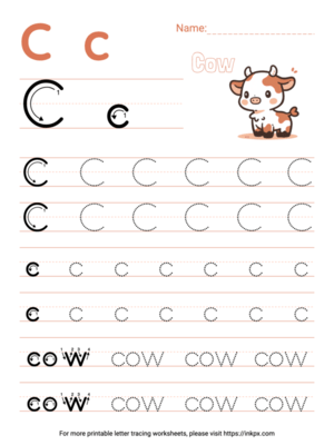 Free Printable Colorful Letter C Tracing Worksheet with Word Cow