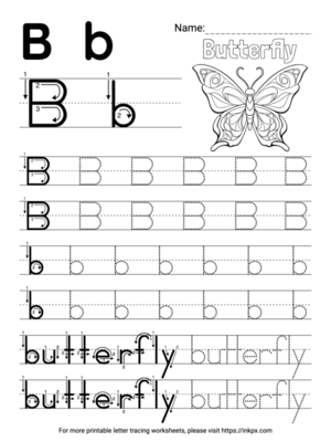 Free Printable Simple Letter B Tracing Worksheet with Word Butterfly