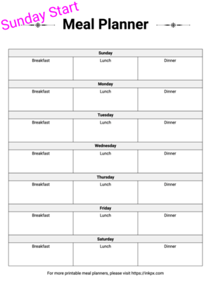 Free Printable Minimalism Style Weekly Meal Planner (Sunday Start) Template