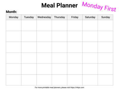 Free Printable Minimalist Style Monthly Meal Planner (Monday Start)