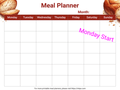 Free Printable Colorful Undated Monthly Meal Planner Template (Monday Start)