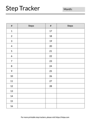 Printable 28 Days Monthly Step Tracker