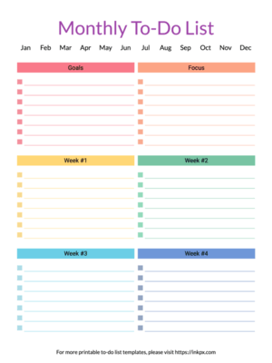 Printable Colorful Four Week Style Monthly To Do List Template