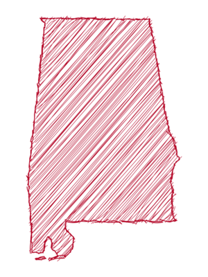 Printable Hand-Sketch-Style Map of Alabama in Crimson Color